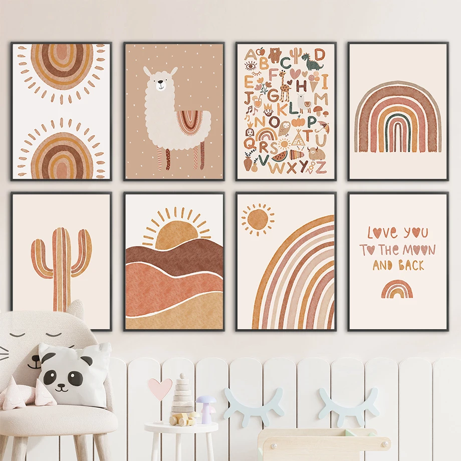 Baby Unicorn Nursery - Alpaca, Unicorno, Sole, Arcobaleno, Cactus, Quadro