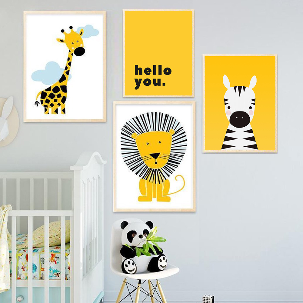 Baby Nursery Yellow Walls - Cartoon Animal poster Yellow Lion Giraffe