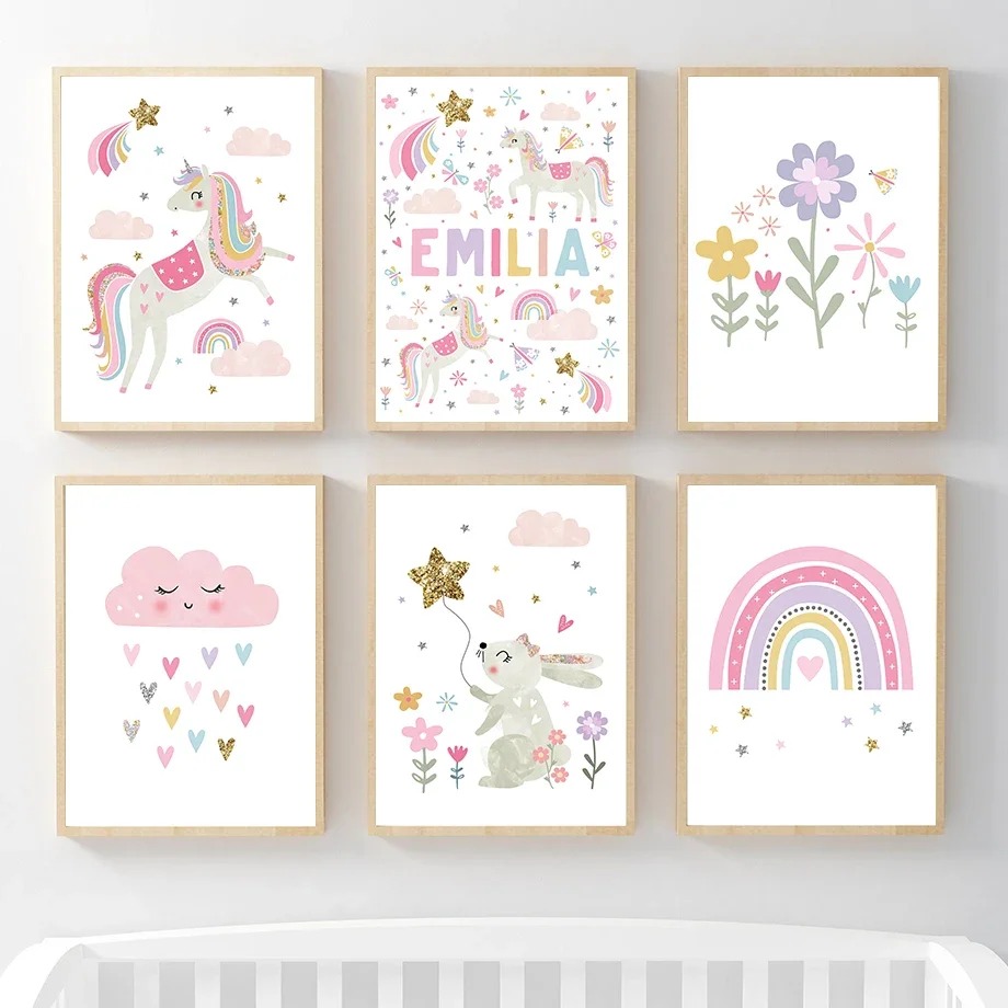 Baby Unicorn Nursery - Quadri su Tela Minimalisti con Arcobaleno,