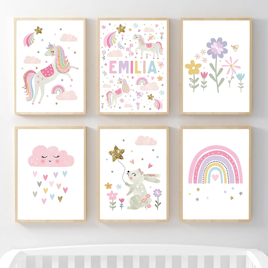 Baby Unicorn Nursery - Quadri su tela con unicorno rosa,